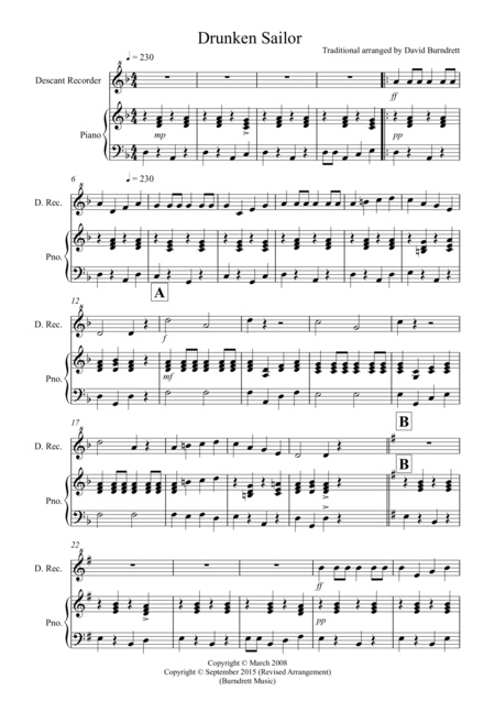 Drunken Sailor For Descant Recorder And Piano Sheet Music