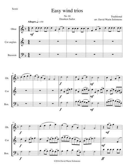 Free Sheet Music Drunken Sailor For Double Reed Trio Oboe Cor Anglais Bassoon