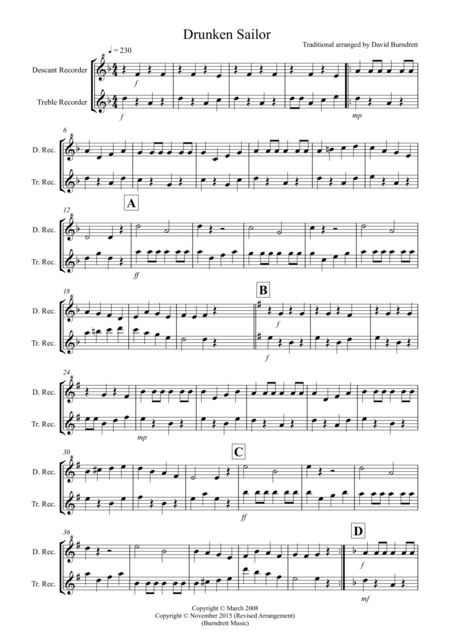 Drunken Sailor For Recorder Duet Sheet Music