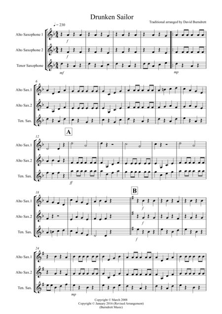 Drunken Sailor For Saxophone Trio Sheet Music