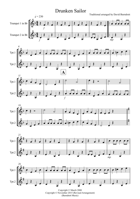 Drunken Sailor For Trumpet Duet Sheet Music