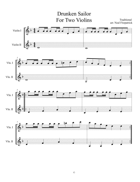 Free Sheet Music Drunken Sailor For Two Violins