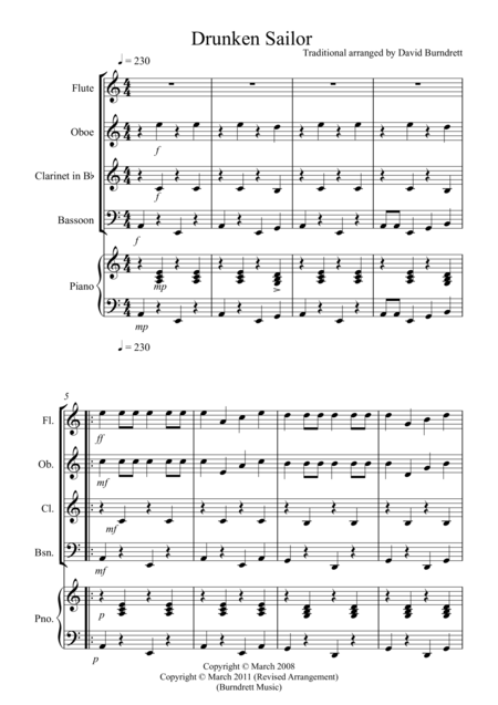 Drunken Sailor For Wind Quartet Sheet Music