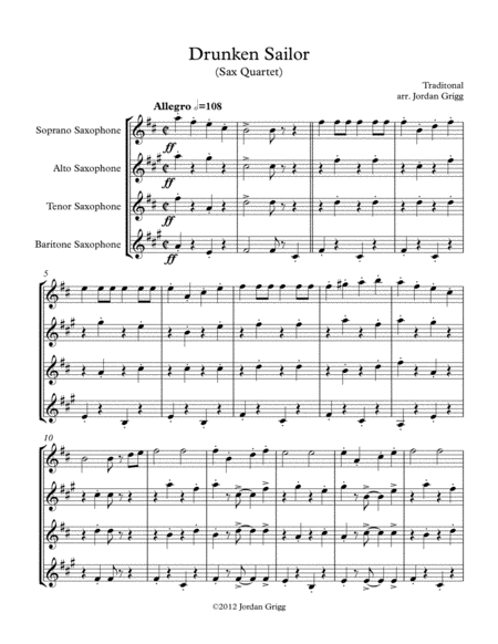 Drunken Sailor Sax Quartet Sheet Music