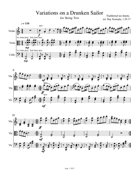 Drunken Sailor Theme And Variations For Violin Viola Cello Trio Sheet Music