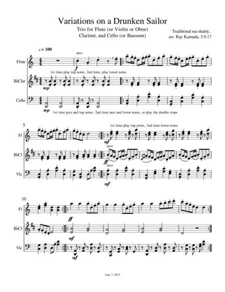 Drunken Sailor Theme And Variations Trio For Flute Or Violin Or Oboe Clarinet And Cello Or Bassoon Sheet Music