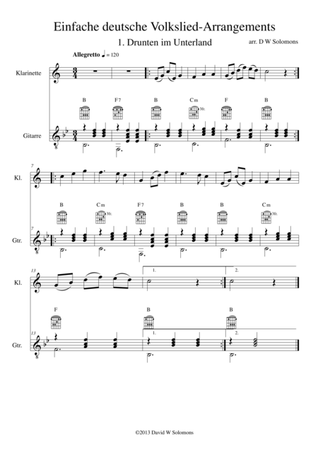 Free Sheet Music Drunten Im Unterland For Clarinet And Guitar