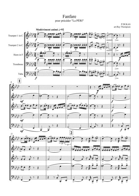 Dukas Fanfare Pour Prcder La Pri Brass Quintet Sheet Music