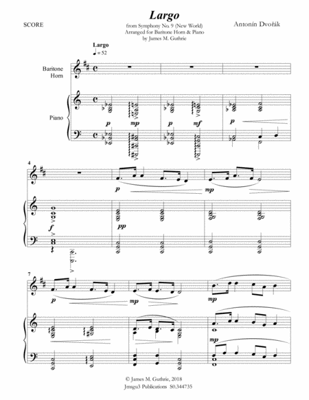 Free Sheet Music Dvo K Largo From The New World Symphony For Baritone Horn Piano