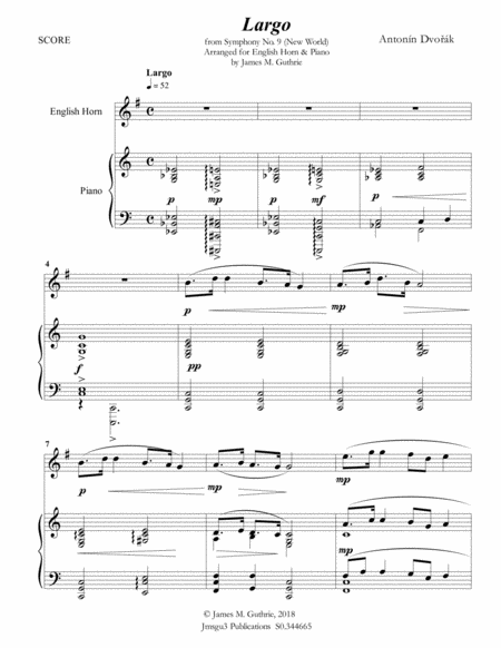 Free Sheet Music Dvo K Largo From The New World Symphony For English Horn Piano