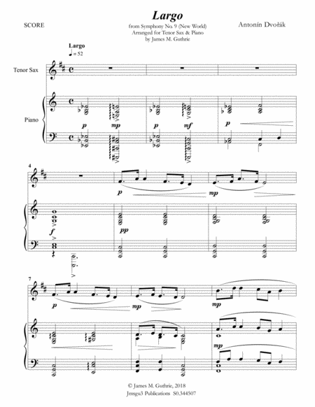 Free Sheet Music Dvo K Largo From The New World Symphony For Tenor Sax Piano