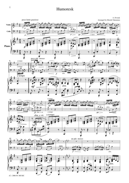 Dvorak Humoreske For Piano Trio Pd001 Sheet Music