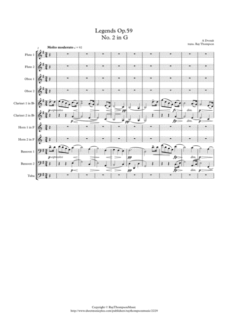 Free Sheet Music Dvorak Legends Op 59 Mvt 2 In G Wind Dectet