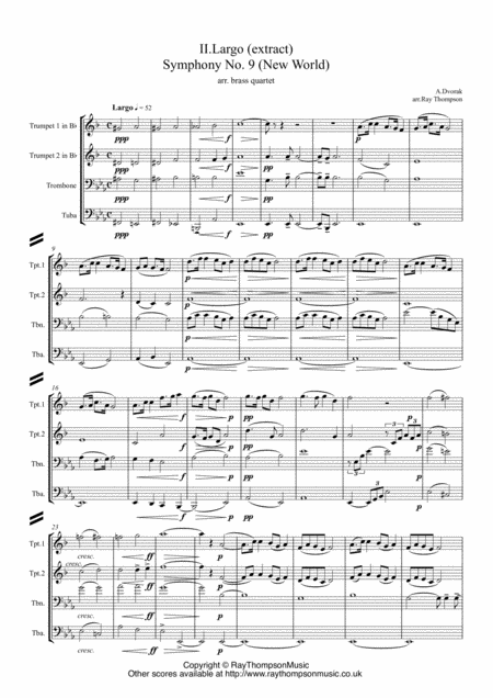 Dvorak Mvt Ii Largo Extract From Symphony No 9 New World Op 95 Brass Quartet Sheet Music