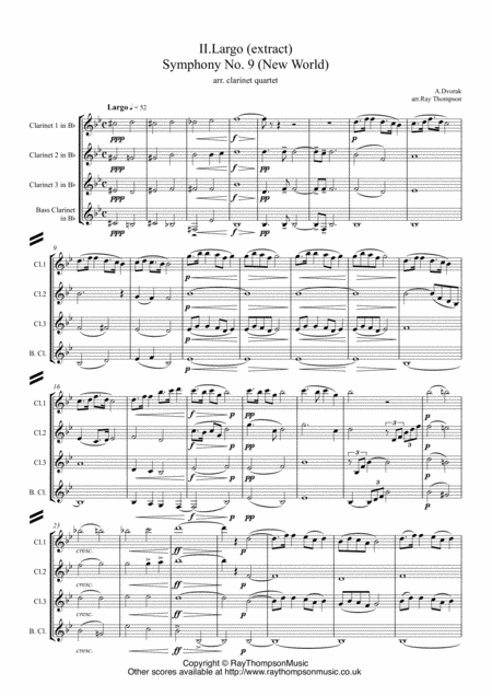 Dvorak Mvt Ii Largo Extract From Symphony No 9 New World Op 95 Clarinet Quartet Sheet Music