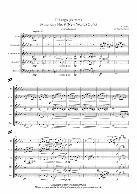 Dvorak Mvt Ii Largo Extract From Symphony No 9 New World Op 95 Cor Anglais Feature Wind Quintet Sheet Music