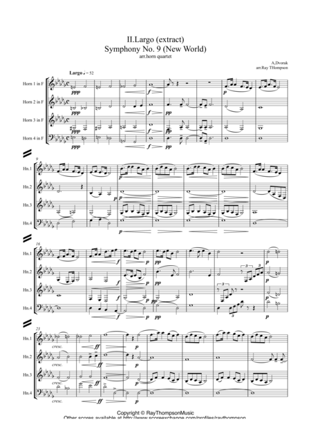 Dvorak Mvt Ii Largo Extract From Symphony No 9 New World Op 95 Horn Quartet Sheet Music