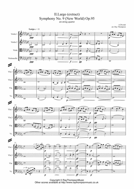 Dvorak Mvt Ii Largo Extract From Symphony No 9 New World Op 95 String Quartet Sheet Music