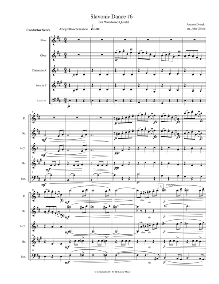 Dvorak Slavonic Dance 6 For Woodwind Quintet Sheet Music