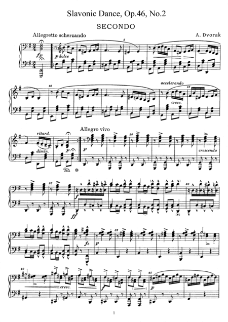 Dvorak Slavonic Dance Op 46 No 2 For Piano Duet Pd882 Sheet Music