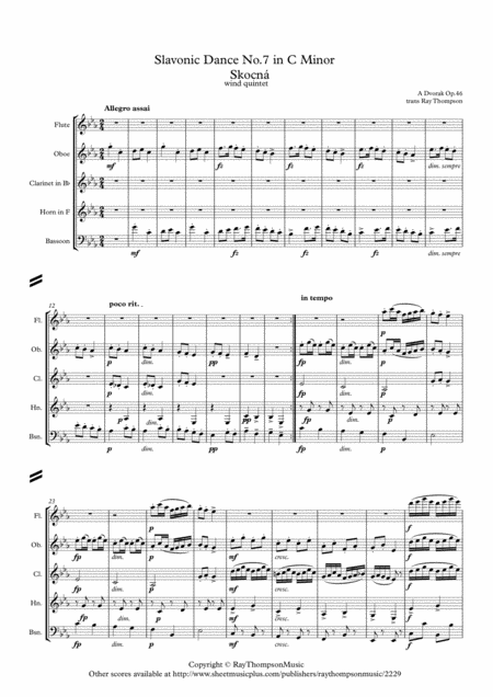 Dvorak Slavonic Dances Op 46 No 7 In C Minor Skocn Wind Quintet Sheet Music