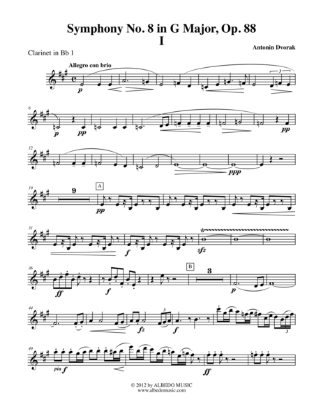 Dvorak Symphony No 8 Movement I Clarinet In Bb 1 Transposed Part Op 88 Sheet Music