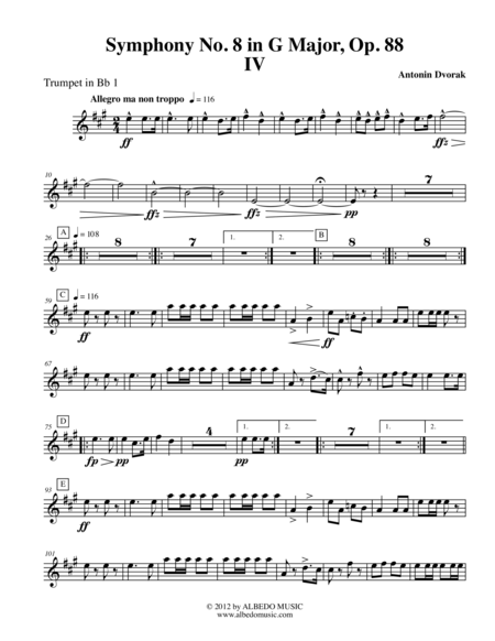 Free Sheet Music Dvorak Symphony No 8 Movement Iv Trumpet In Bb 1 Transposed Part Op 88