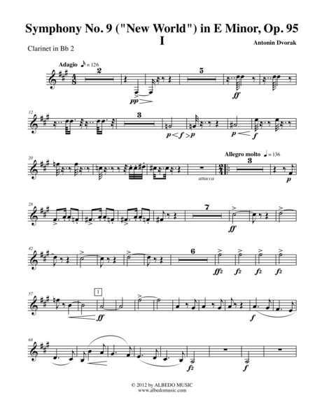 Dvorak Symphony No 9 New World Movement I Clarinet In Bb 2 Transposed Part Op 95 Sheet Music