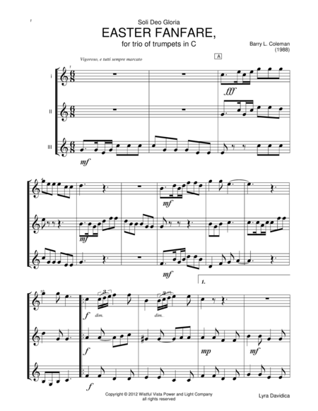 Free Sheet Music Easter Fanfare For Trio Of Trumpets In C