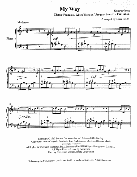 Easy Intermediate Level Piano Solo Of My Way Famous Frank Sinatras Song Sheet Music