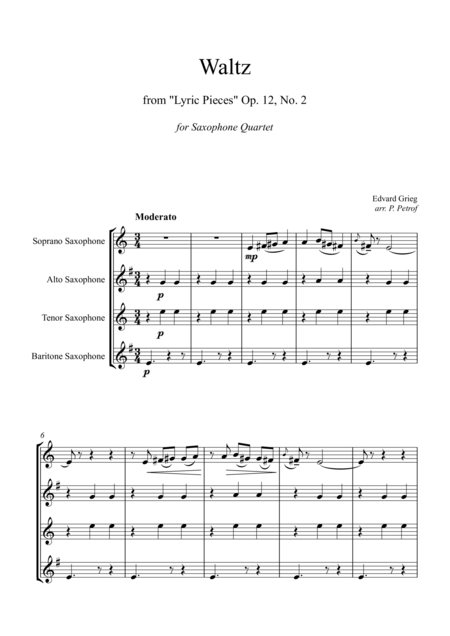 Ed Grieg Waltz From Lyric Pieces Op 12 No 2 For Saxophone Quartet Sheet Music