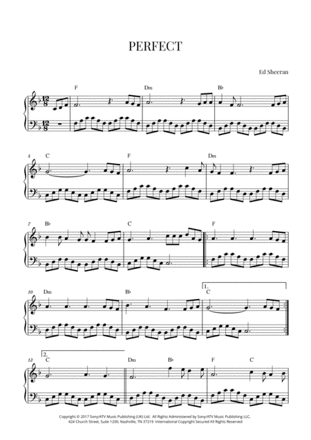 Ed Sheeran Perfect Easy Intermediate Piano F Major Sheet Music