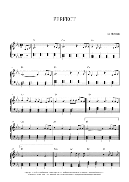 Ed Sheeran Perfect Intermediate Piano E Flat Major Sheet Music