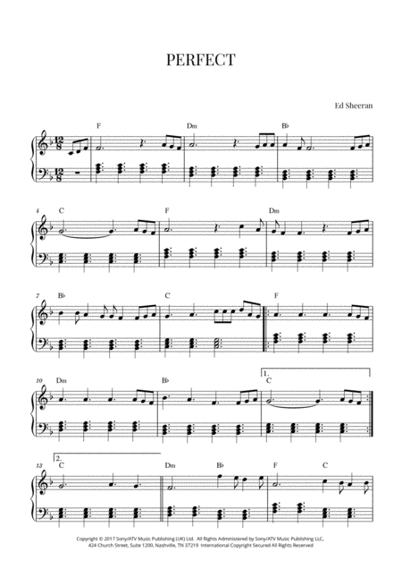 Free Sheet Music Ed Sheeran Perfect Intermediate Piano F Major