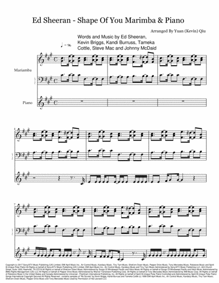 Ed Sheran Shape Of You Marimba And Piano Sheet Music