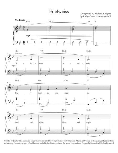 Edelweiss In F Easy Piano Sheet Music