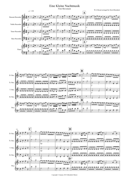 Eine Kleine Nachtmusik 1st Movement For Recorder Quartet Sheet Music