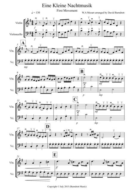 Eine Kleine Nachtmusik 1st Movement For Violin And Cello Duet Sheet Music