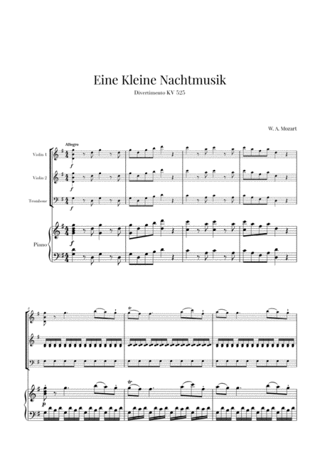 Free Sheet Music Eine Kleine Nachtmusik For 2 Violins Trombone And Piano