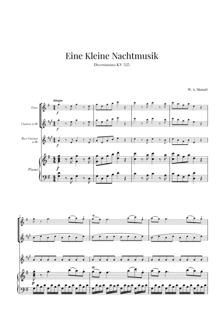 Eine Kleine Nachtmusik For Flute Clarinet Bass Clarinet And Piano Sheet Music