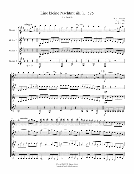 Free Sheet Music Eine Kleine Nachtmusik K 525 Iv Rondo Guitar Quartet Score And Parts