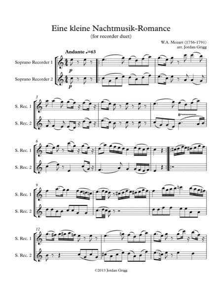 Eine Kleine Nachtmusik Romance For Recorder Duet Sheet Music