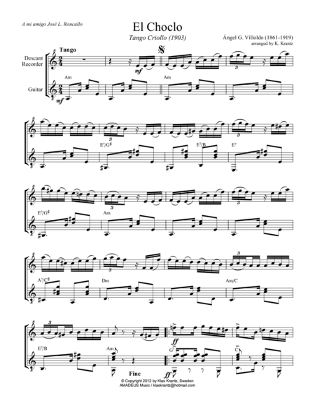 Free Sheet Music El Choclo Tango For Descant Recorder And Guitar