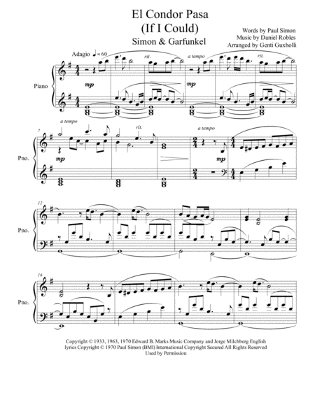 Free Sheet Music El Condor Pasa If I Could Piano Solo