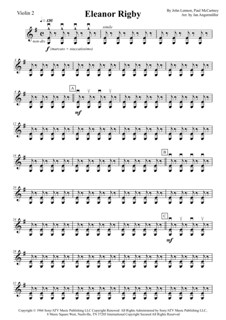 Eleanor Rigby Beatles Transcription Of The Original Violin 2 Part Sheet Music