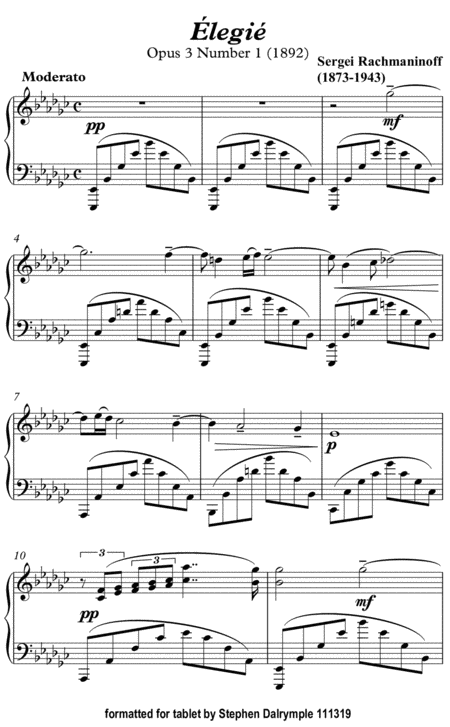 Elegie By Sergei Rachmaninoff For Solo Piano Classical Music For Tablet Series Sheet Music