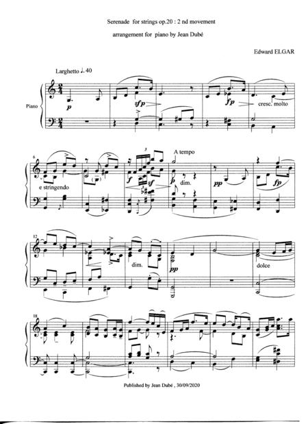 Elgar E Larghetto From Serenade Piano Solo Sheet Music