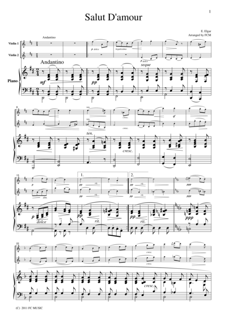 Elgar Salut D Amour For 2 Violins Piano Vn206 Sheet Music