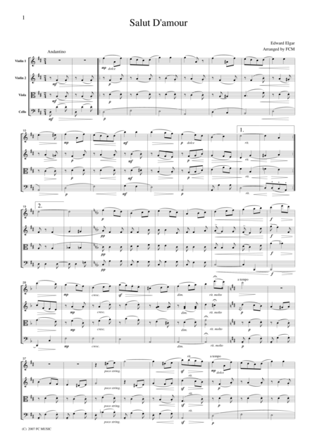 Free Sheet Music Elgar Salut D Amour For String Quartet Ce002