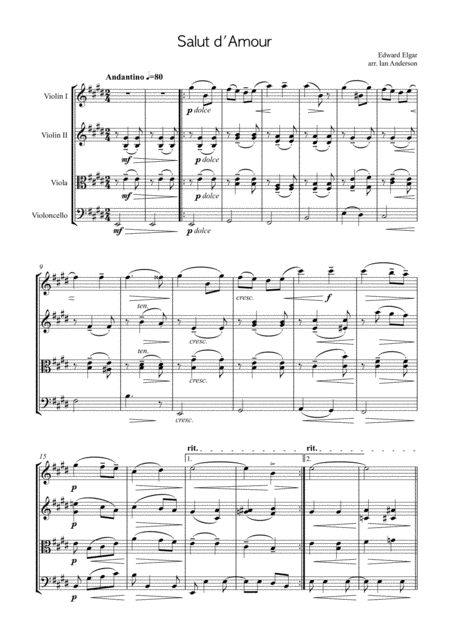 Elgar Salut D Amour String Quartet Sheet Music